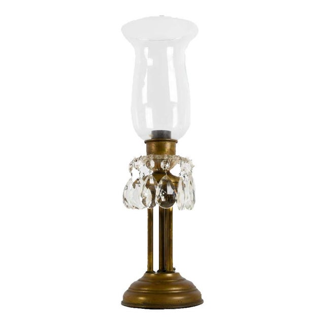 Vintage Brass and Crystal Hurricane Table Lamp With Glass Chimney and Prisms For Sale - Image 4 of 4