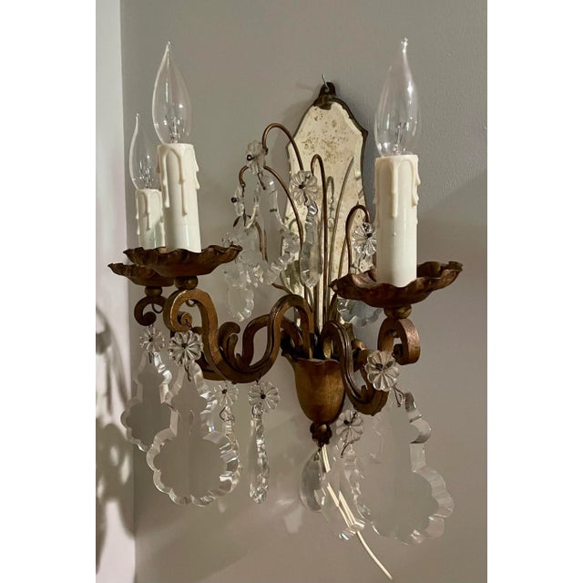 Metal Early 20th Century Pair of French 3-Arm Candelabra Crystal Mirror Sconces For Sale - Image 7 of 13