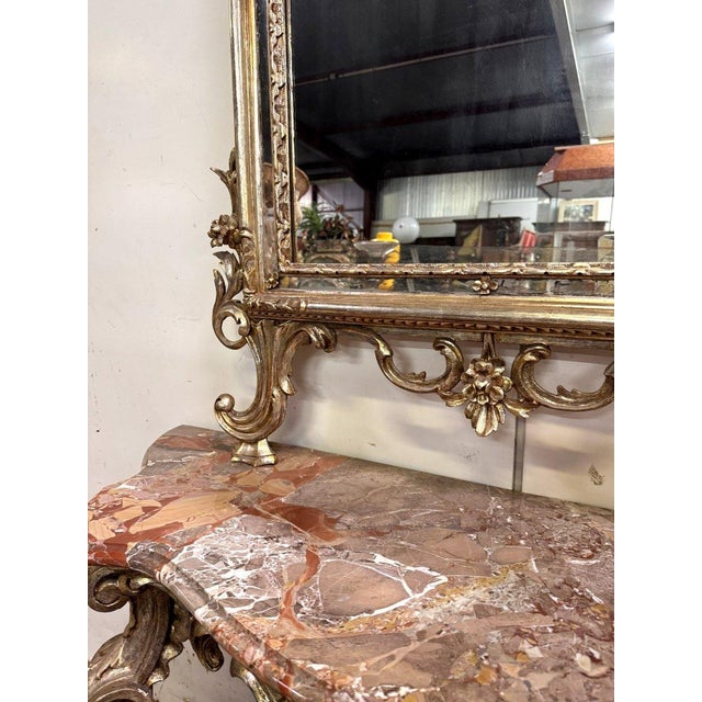 Louis XV Style Curved Castle Console and Mirror in Gilded and Silvered Wood For Sale - Image 3 of 7