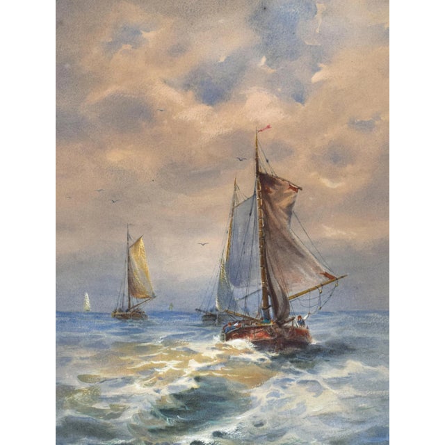 19th Century Antique Nautical Watercolor Seascape Painting With Ships Hj Harris 1893 For Sale - Image 4 of 8
