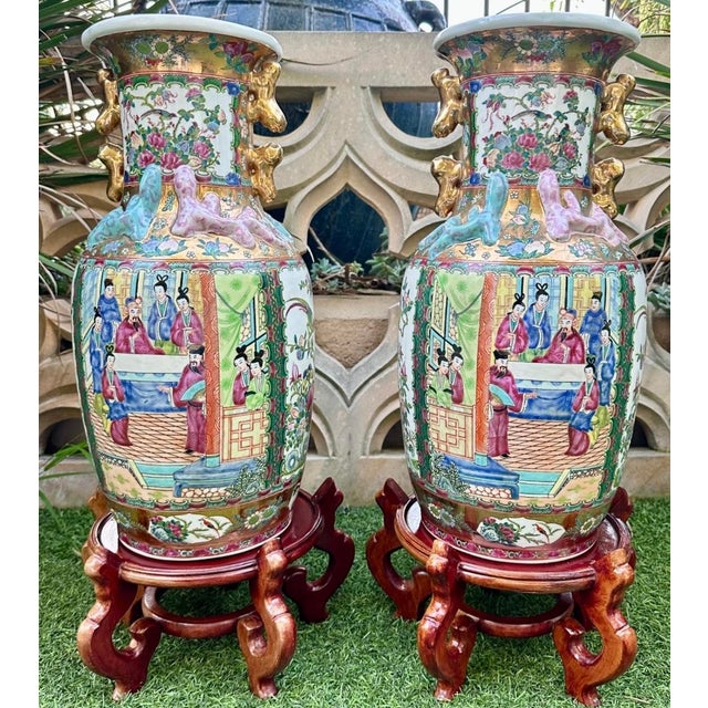 Chinoiserie Pair of Large Antique Famille Rose Medallion Chinese Vases With Rosewood Stands For Sale - Image 3 of 18