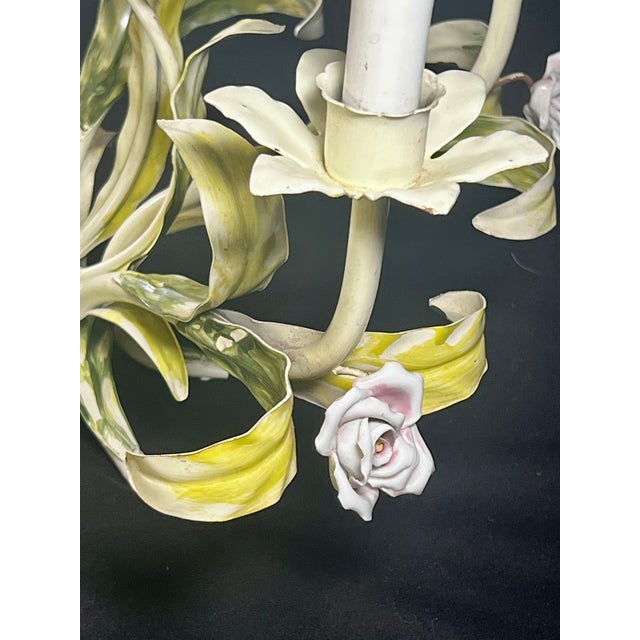 Early 20th Century Vintage Tole Six-Arm Chandelier With Roses & Leaves For Sale - Image 5 of 16