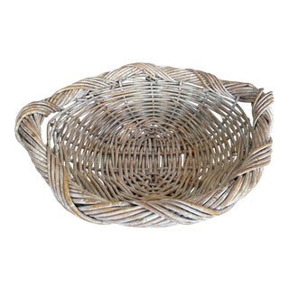 Vintage Whitewash Thick Woven Wicker Gathering Basket For Sale