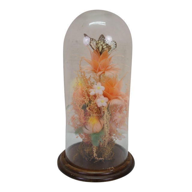 Late 20th Century Floral Butterfly Diorama Taxidermy Display Apothecary Cloche Dome 12" For Sale