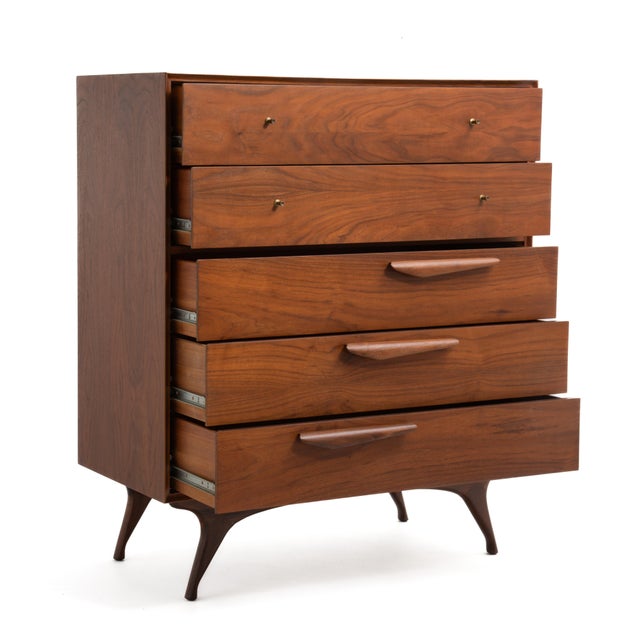 Mid Century Sculptural Walnut Bedroom Set Tall Chest Dresser Two Nightstands Made in Japan 1960s For Sale - Image 9 of 18