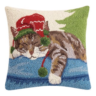 Holiday Napping Cat Hook Pillow 16" x 16" For Sale