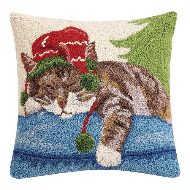 Holiday Napping Cat Hook Pillow 16" x 16" For Sale