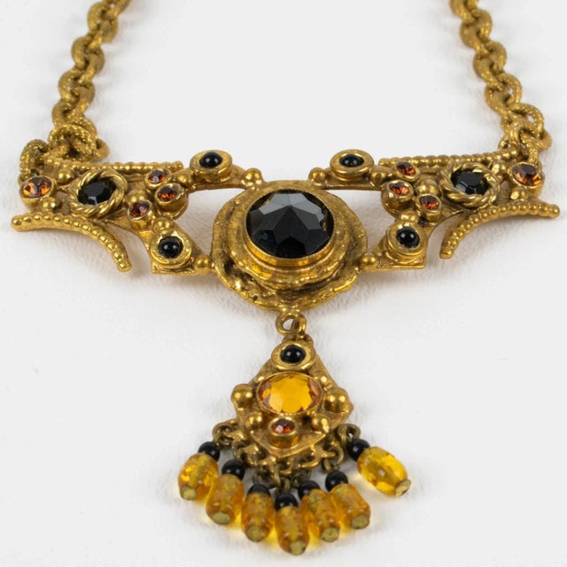 Gold Henry Perichon Bronze Necklace With Black Jet and Topaz Glass Cabochons For Sale - Image 8 of 11