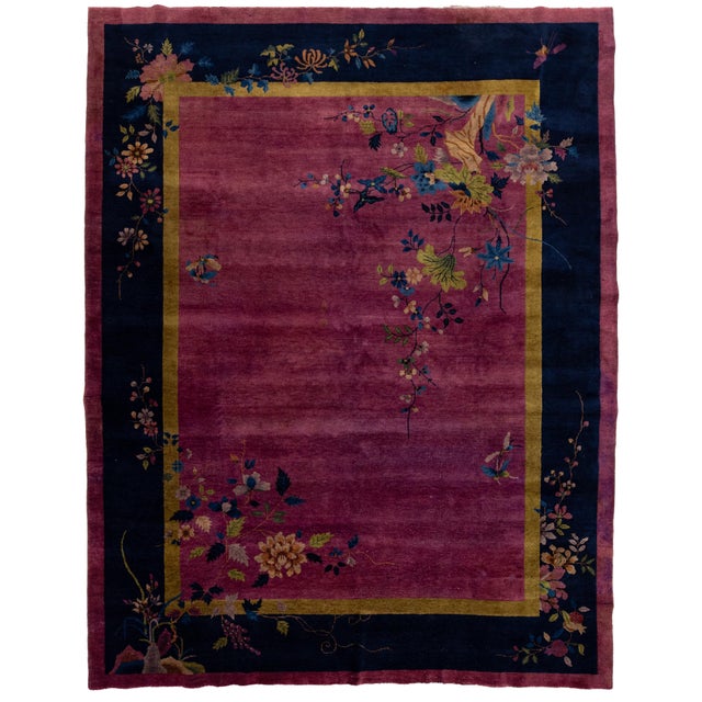 1920s Antique Chinese Art Deco Rug With Floral Branches in Magenta and Navy Blue For Sale - Image 13 of 13