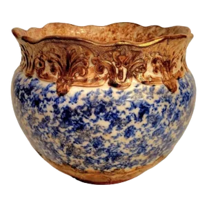 Huge Vintage Blue White Bronze Sponge Ware Scalloped Edge Ceramic Planter Pot
