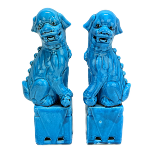 Pair of Vintage Chinese Export Turquoise-Glazed Porcelain Foo Dogs 13"