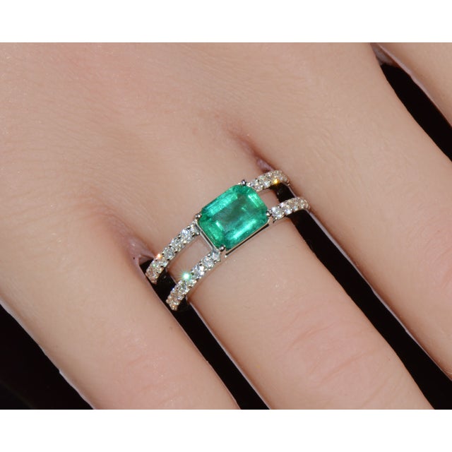 Metal Certified Natural 1.84cts Emerald & Diamond 18k White Gold Double Shank Ring, Size 6.5 For Sale - Image 7 of 13