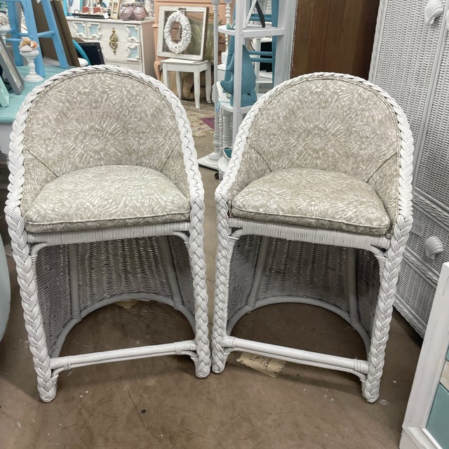 Pair of Vintage Retro Wicker Upholstered Bar Stools For Sale - Image 10 of 10