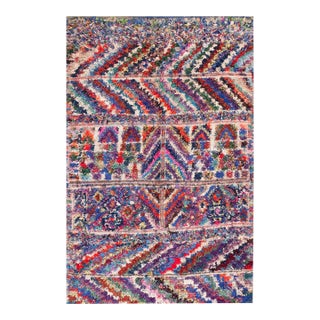 1940s Multi Stripe Modern Antique Moroccan Boucherouitte Rug 5'6" X 8'8" Woven Wool Carpet For Sale