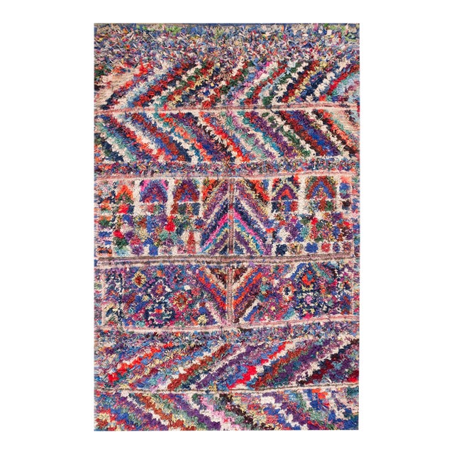 1940s Multi Stripe Modern Antique Moroccan Boucherouitte Rug 5'6" X 8'8" Woven Wool Carpet For Sale