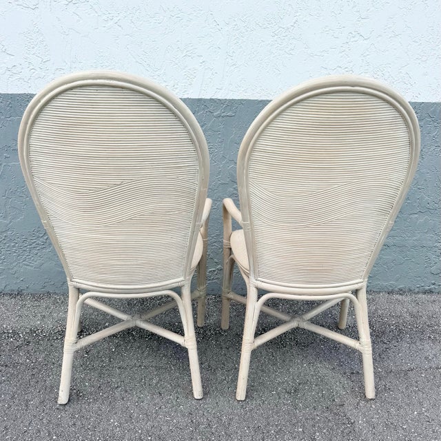 Boho Chic Wavy Pencil Reed and Rattan Dining Arm Chairs - Set of 4 For Sale - Image 10 of 10