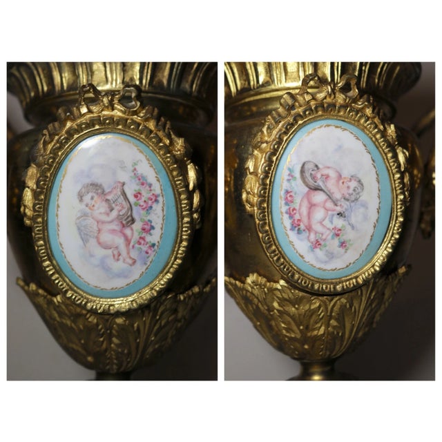 Victorian 1930s Pair of Antique Ornate Gilt Bronze Porcelain Painting Urn Vase Garniture Ewer For Sale - Image 3 of 12