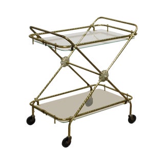 Hollywood Regency Vintage 1960's Brass & Glass X Base Trolly Bar Cart For Sale