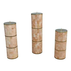 Maitland Smith Tesselated Stone And Brass Candle Holders 1980's Design - Set of 3