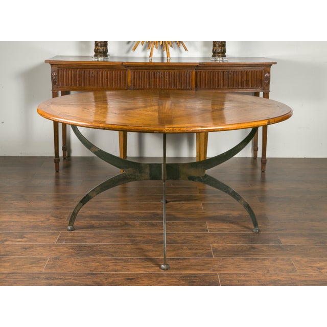 French Dining Table with Round Parquetry Top circa 1900 and New Custom Iron Base For Sale - Image 4 of 7