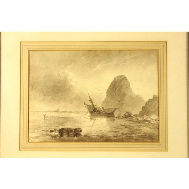 A masterful 19th century nautical watercolor A well elaborated scene depicting a shipwreck near a rocky shore The "En...