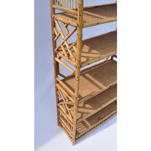 Brighton Pavilion 1970's Brighton Pavilion Chinese Chippendale Bamboo Caned Bookcase Etagere For Sale - Image 4 of 10