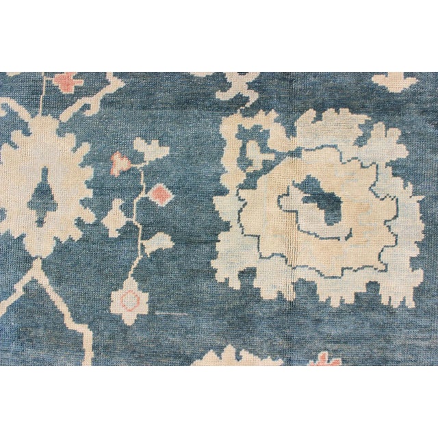Large Turkish Oushak Rug With Dark Teal Blue Background & Ice Blue Border For Sale - Image 10 of 12