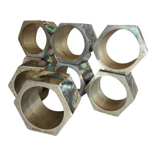 Vintage Mexican Alpaca Abalone Inlay Napkin Rings Set of 8 For Sale