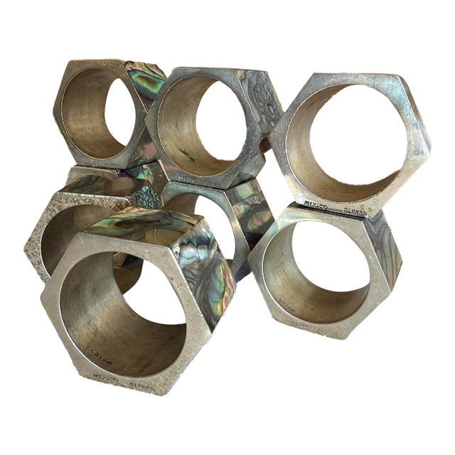 Vintage Mexican Alpaca Abalone Inlay Napkin Rings Set of 8 For Sale