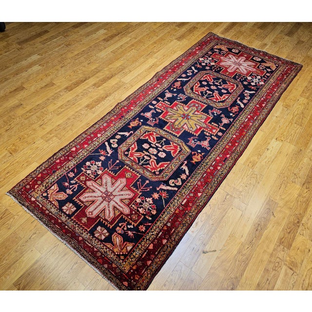 Vintage Persian Hamadan Gallery Rug, Hand-Knotted Wool, Geometric Bird Motifs Design, Navy & Red, 5x11 For Sale - Image 10 of 17