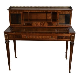 1930s Wieman Hepplewhite Style Leather Top Mahogany Inlaid Writing Desk With Bookcase For Sale