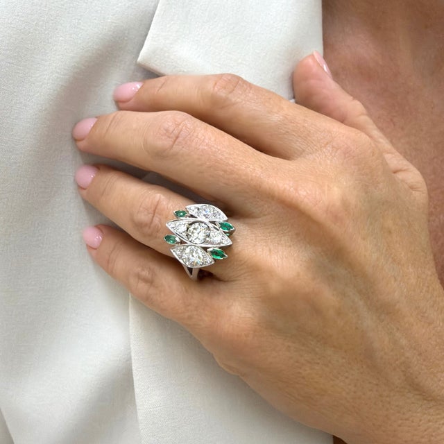 Antique Art Deco Platinum CTW Old Cut Diamond & Emerald Dinner Cocktail Ring, Size 8 For Sale - Image 9 of 9
