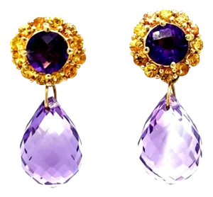 15.85 Carat Amethyst Sapphire Yellow Gold Drop Earrings - 2 Pieces