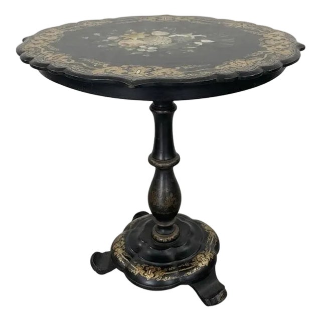 1880s Victorian Papier-Mâché & Mother-of-Pearl Inlay Pedestal Side Table For Sale