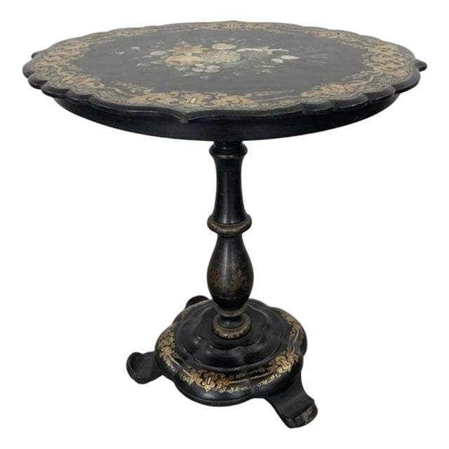 1990s Victorian Papier-Mâché & Mother-of-Pearl Inlay Pedestal Side Table For Sale