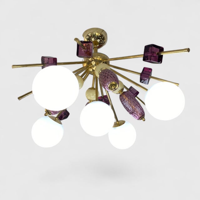 Sputnik Style Ceiling Light in Purple and White Murano Glass, 1950s For Sale - Image 6 of 6