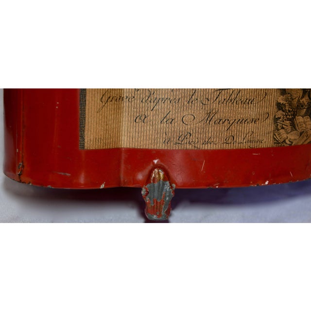 French Midcentury Red Footed Tole Tin Waste Basket With Decoupage Print For Sale - Image 3 of 13