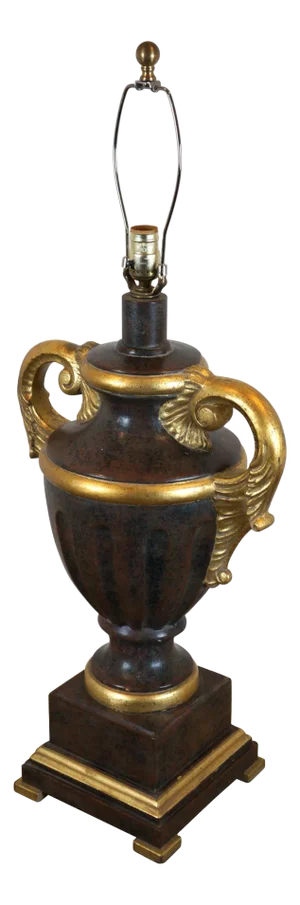 Vintage Large French Neoclassical Style Brown & Gold Trophy Urn Table Buffet Lamp