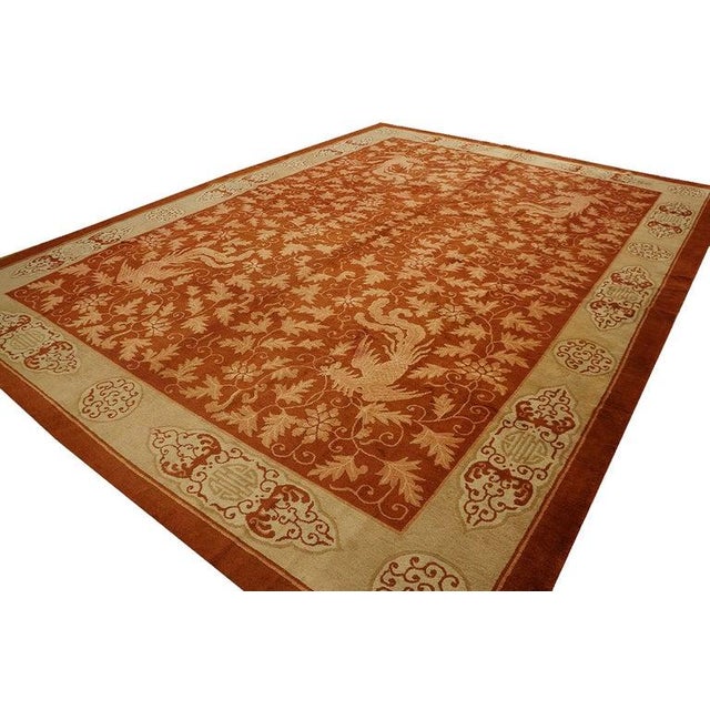 Antique Art Deco Room Size Wool Ivory and Red Rug, Circa Date: 1920s. This exceptional piece exemplifies the transitional...