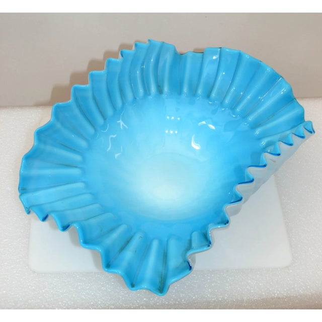 Turquoise Blue & White Cased Ruffled Murano Art Glass Bowl Italy Midcentury 1970 For Sale - Image 12 of 13
