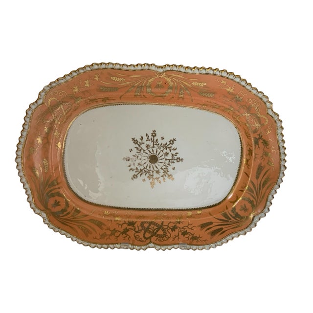 Antique John Davenport Peach Gold Gilt 16" Oval Serving Platter Made in England 1810-1830. Approx. 1 3/4" Tall x 15 3/4"...
