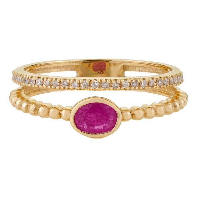 Ruby & Diamond Beaded Double Band Stacking Ring Size 9 Set in 14k Yellow Gold For Sale