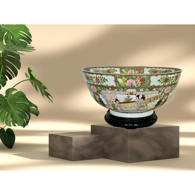 Large Old Rose Mandarin / Medallion Chinese Porcelain Export Punch Bowl, Wood Stand & Auspicious Objects & Gilt Work, Signed, 14" For Sale - Image 10 of 15