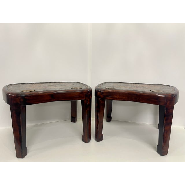 Japanese Hardwood Low Tables With an Inset Antique Japanese Leather Saddle Top—A Pair For Sale - Image 3 of 13