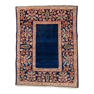 1920s Antique Small Geometric Floral Denim Blue & Beige Accent Rug - 3’1” x 4’ For Sale
