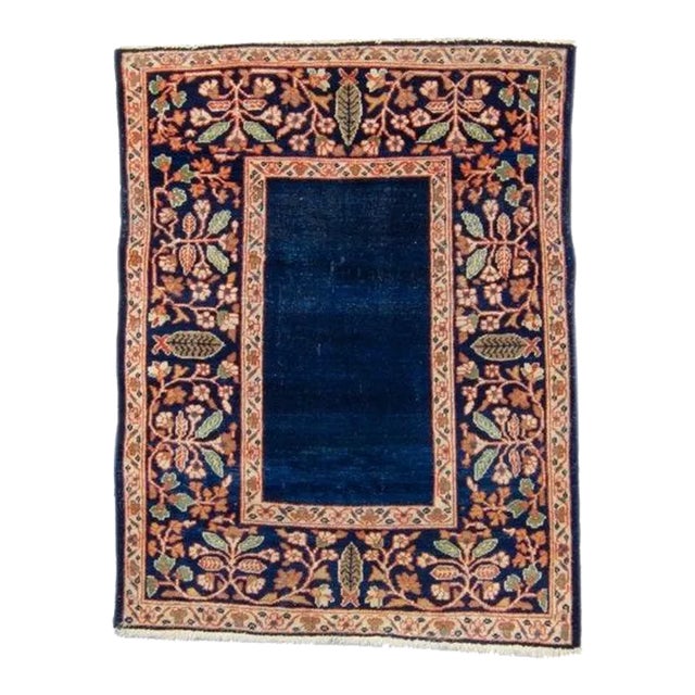 1920s Antique Small Geometric Floral Denim Blue & Beige Accent Rug - 3’1” x 4’ For Sale