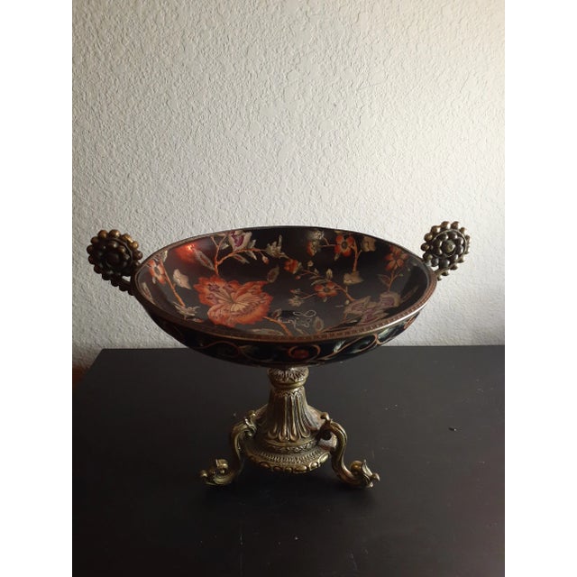 1970s Handpainted Moriage Ceramic Floral Compote on Solid Ornate Brass Pedestal For Sale In Dallas - Image 6 of 7