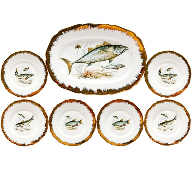 Vintage German Porcelain Fish Service Set – 6 Dinner Plates & Large Platter by Hutschenreuther Hohenberg For Sale