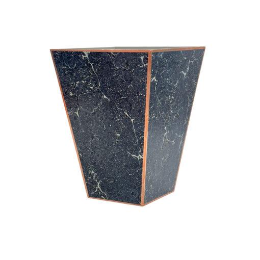 Marble paper, each one of a kind, copper and wood made into wastebasket. Measuring 8″ x 4.75″ x 11″ tall.