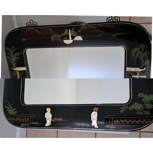 Vintage Chinese Black Lacquer Chinoiserie Wall Mirror With Mother-of-Pearl Inlay, 40" X 30" For Sale - Image 14 of 15